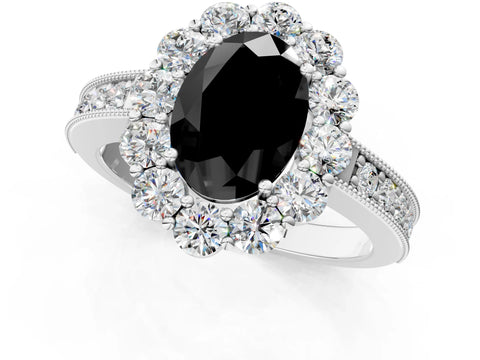 White gold Fancy Black Oval Cut Cut Halo Diamond Pavé Engagement Ring with Milgrain Detailing_1