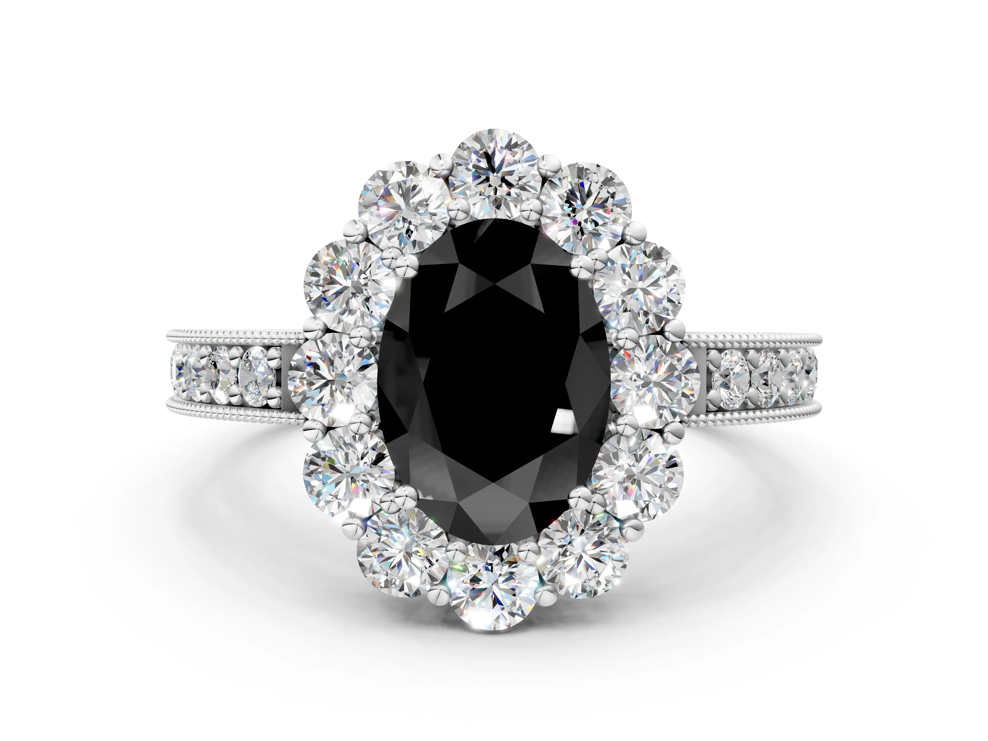 White gold Fancy Black Oval Cut Cut Halo Diamond Pavé Engagement Ring with Milgrain Detailing