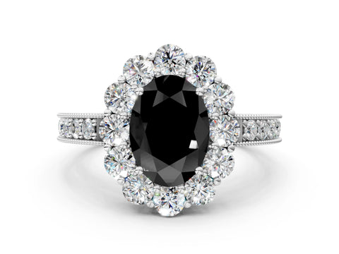 White gold Fancy Black Oval Cut Cut Halo Diamond Pavé Engagement Ring with Milgrain Detailing