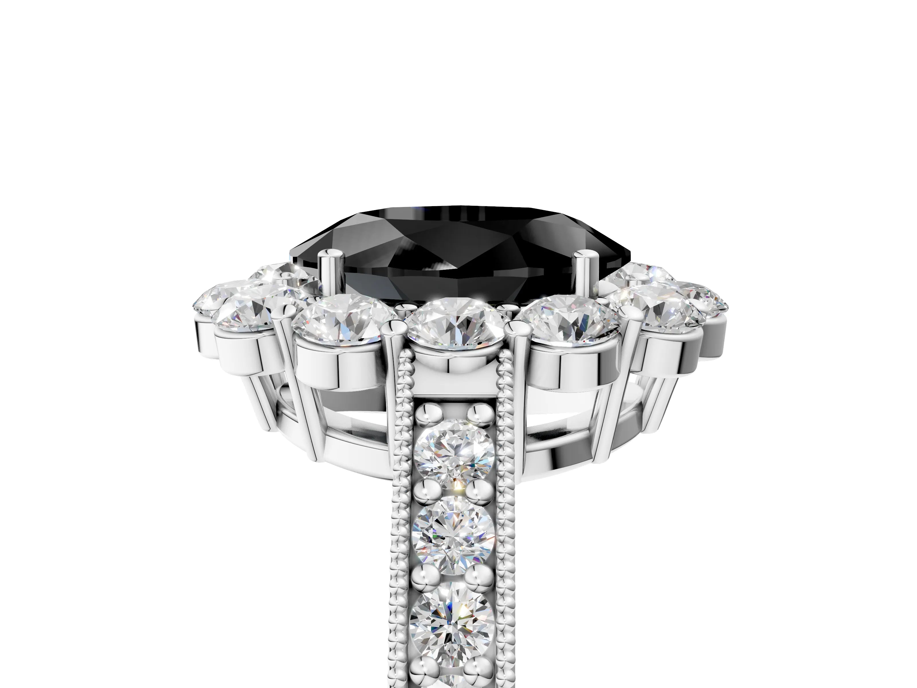 White gold Fancy Black Oval Cut Cut Halo Diamond Pavé Engagement Ring with Milgrain Detailing_5