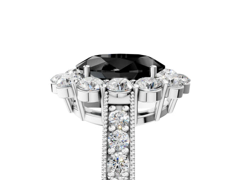 White gold Fancy Black Oval Cut Cut Halo Diamond Pavé Engagement Ring with Milgrain Detailing_5