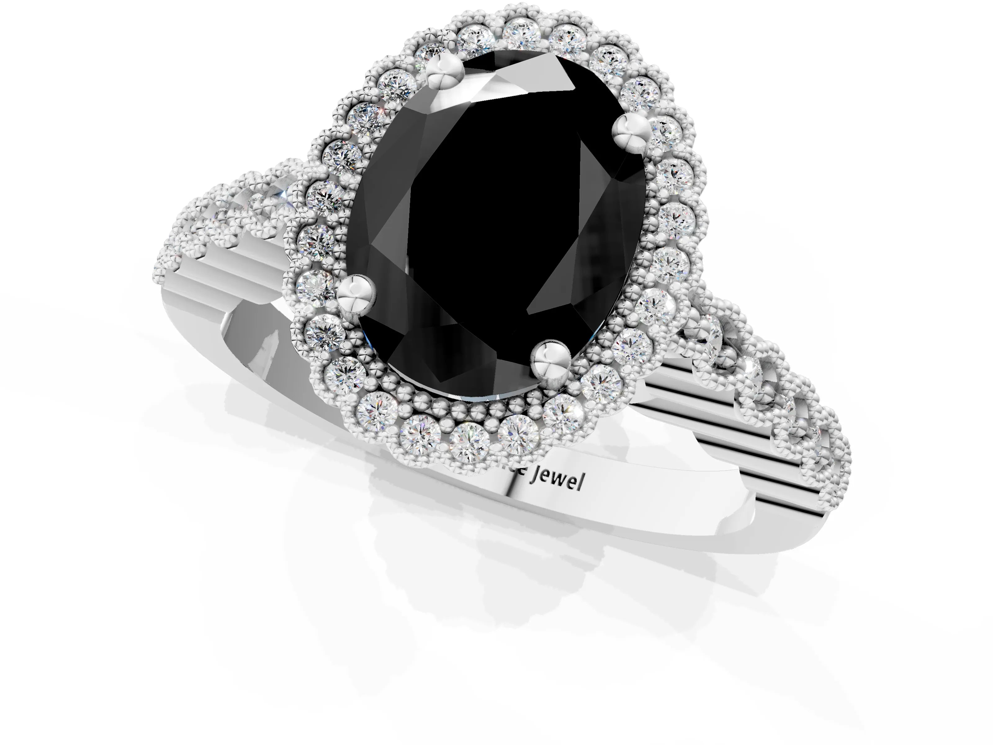 White gold Fancy Black Oval Cut Cut Halo Pavé Solitaire Ring with Milgrain Band_1