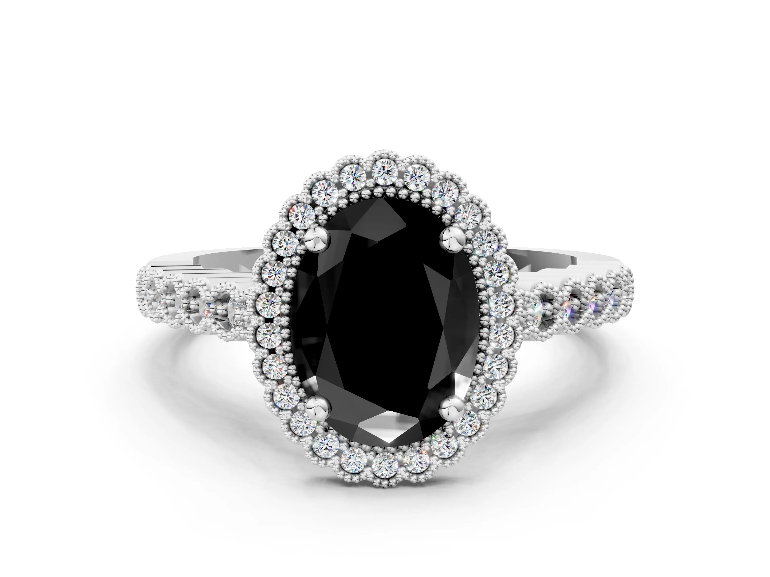White gold Fancy Black Oval Cut Cut Halo Pavé Solitaire Ring with Milgrain Band_12