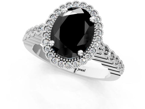 White gold Fancy Black Oval Cut Cut Halo Pavé Solitaire Ring with Milgrain Band_13