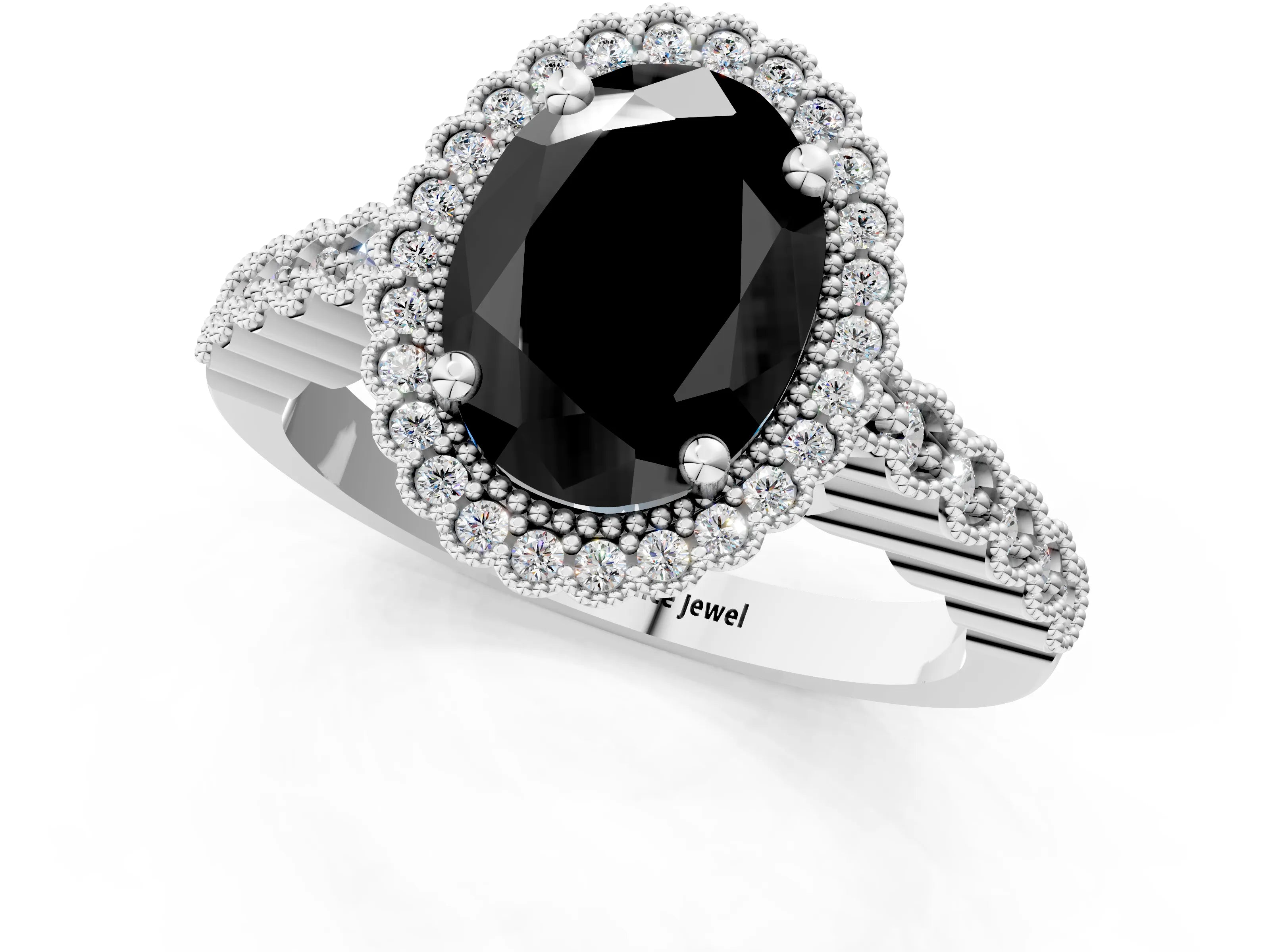 White gold Fancy Black Oval Cut Cut Halo Pavé Solitaire Ring with Milgrain Band_13