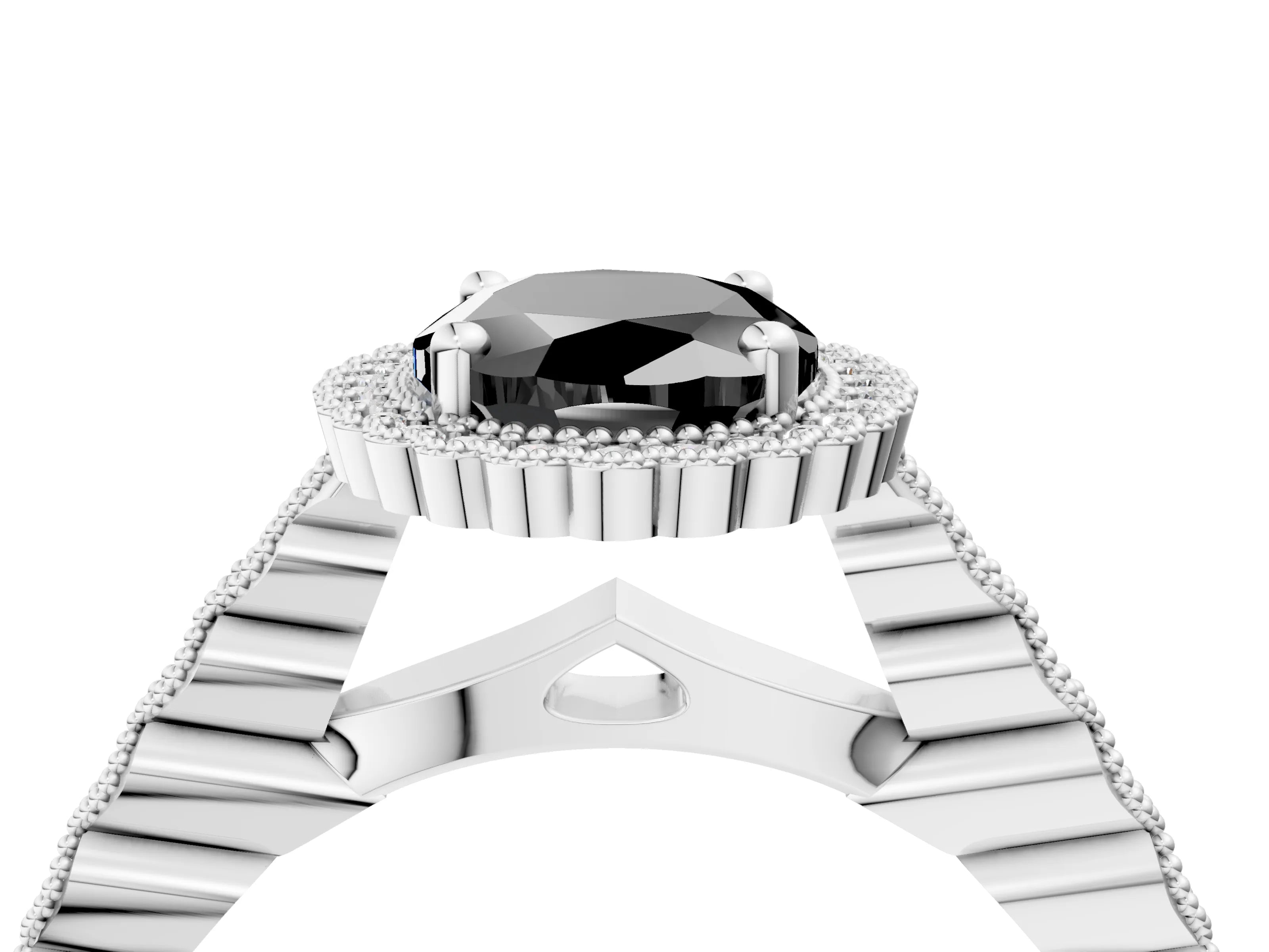White gold Fancy Black Oval Cut Cut Halo Pavé Solitaire Ring with Milgrain Band_16