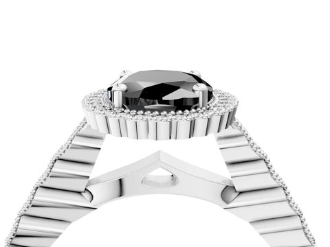 White gold Fancy Black Oval Cut Cut Halo Pavé Solitaire Ring with Milgrain Band_16