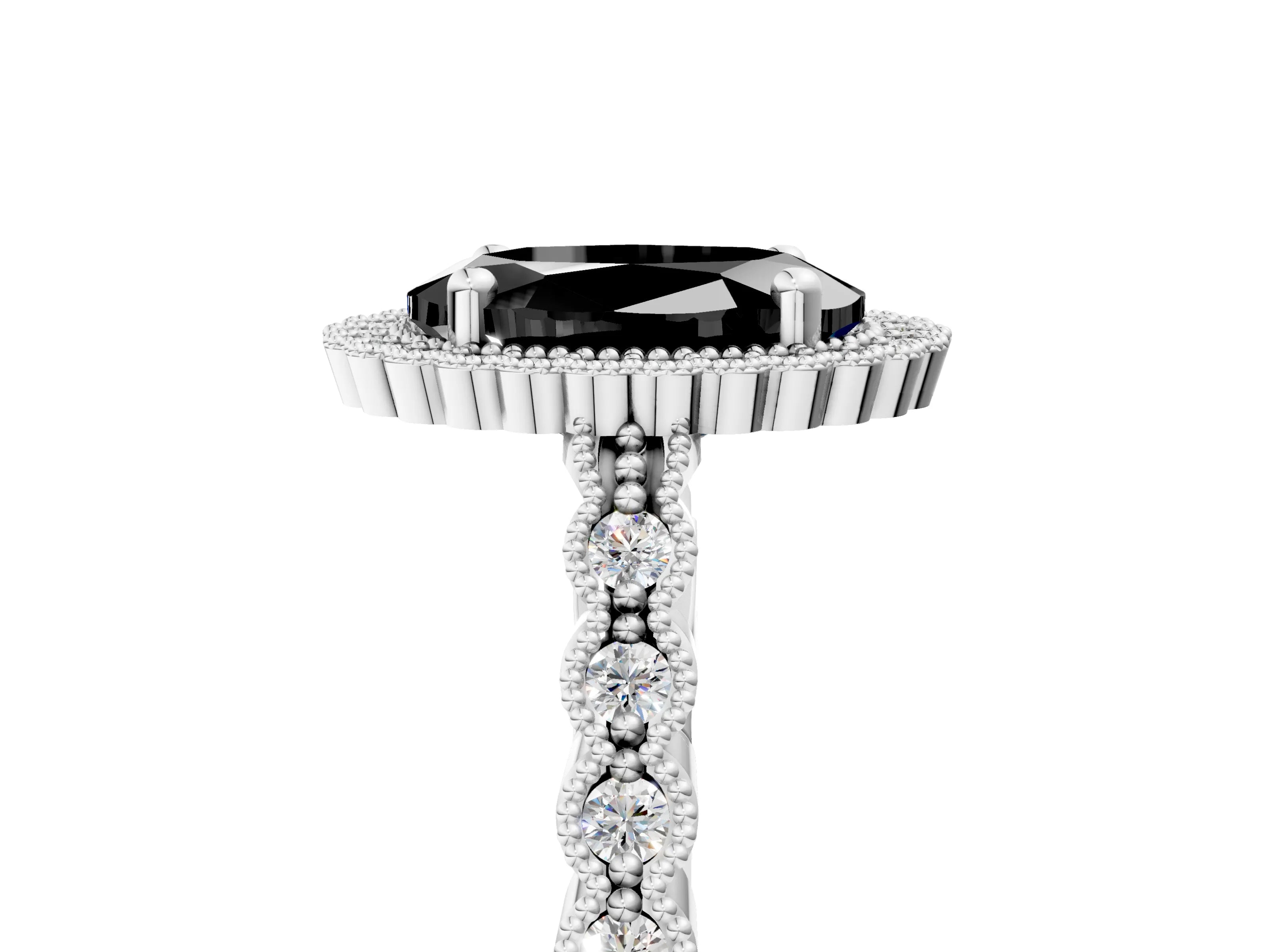 White gold Fancy Black Oval Cut Cut Halo Pavé Solitaire Ring with Milgrain Band_17