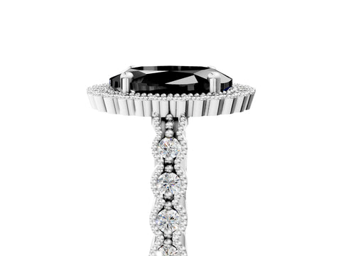 White gold Fancy Black Oval Cut Cut Halo Pavé Solitaire Ring with Milgrain Band_17