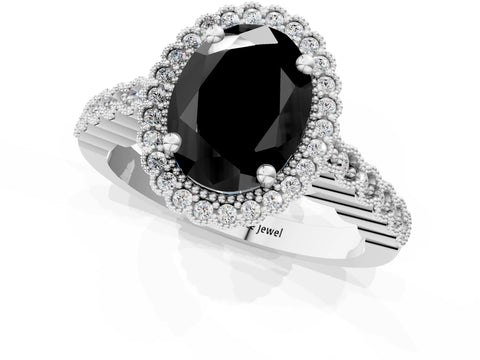 White gold Fancy Black Oval Cut Cut Halo Pavé Solitaire Ring with Milgrain Band_1