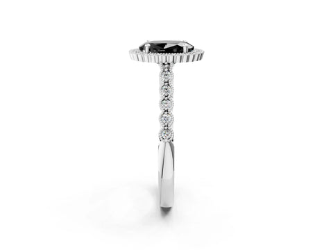 White gold Fancy Black Oval Cut Cut Halo Pavé Solitaire Ring with Milgrain Band_2