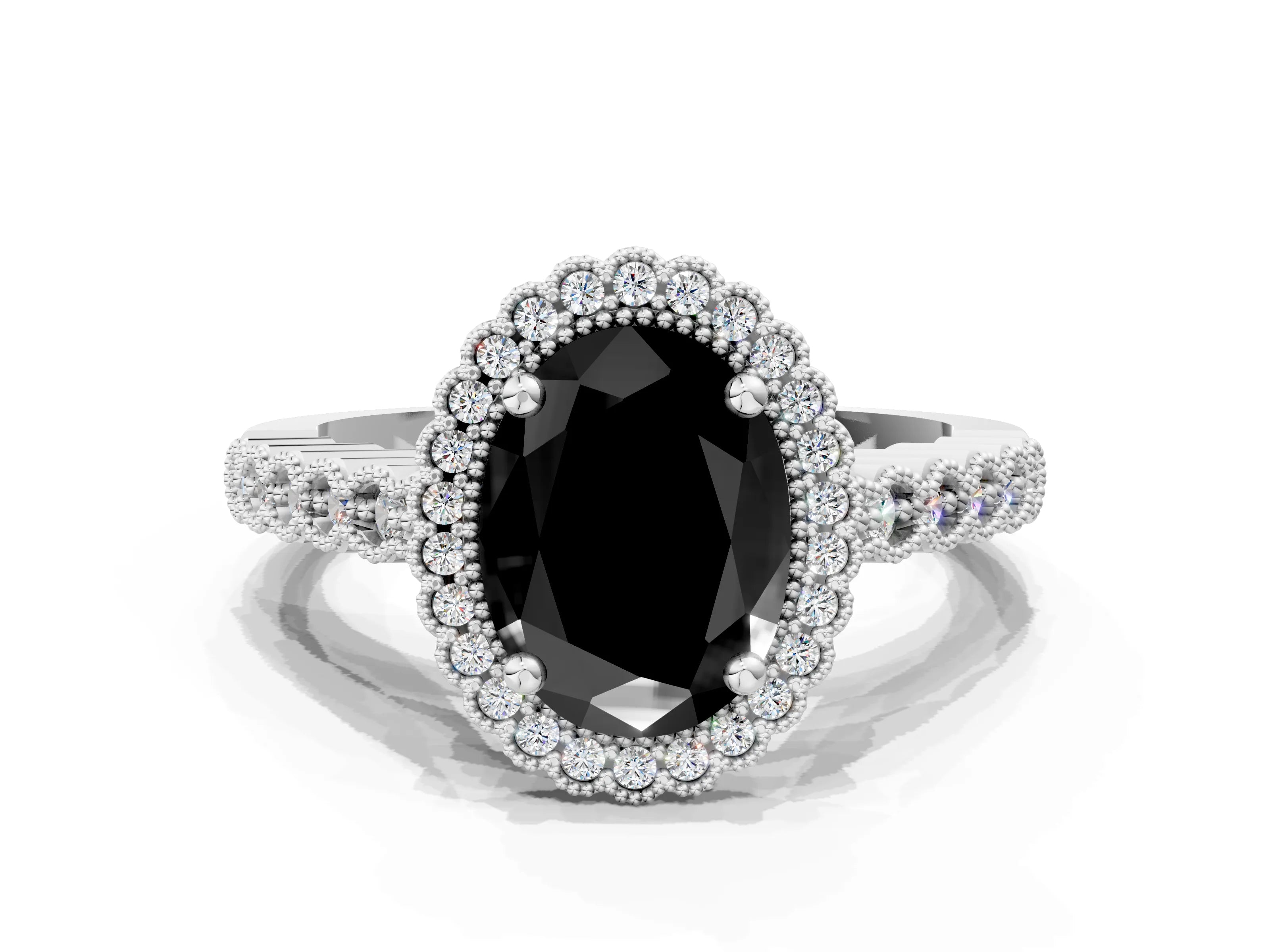 White gold Fancy Black Oval Cut Cut Halo Pavé Solitaire Ring with Milgrain Band