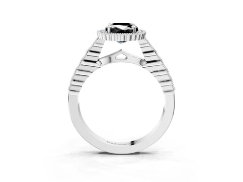 White gold Fancy Black Oval Cut Cut Halo Pavé Solitaire Ring with Milgrain Band_3