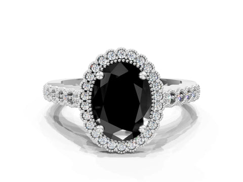 White gold Fancy Black Oval Cut Cut Halo Pavé Solitaire Ring with Milgrain Band