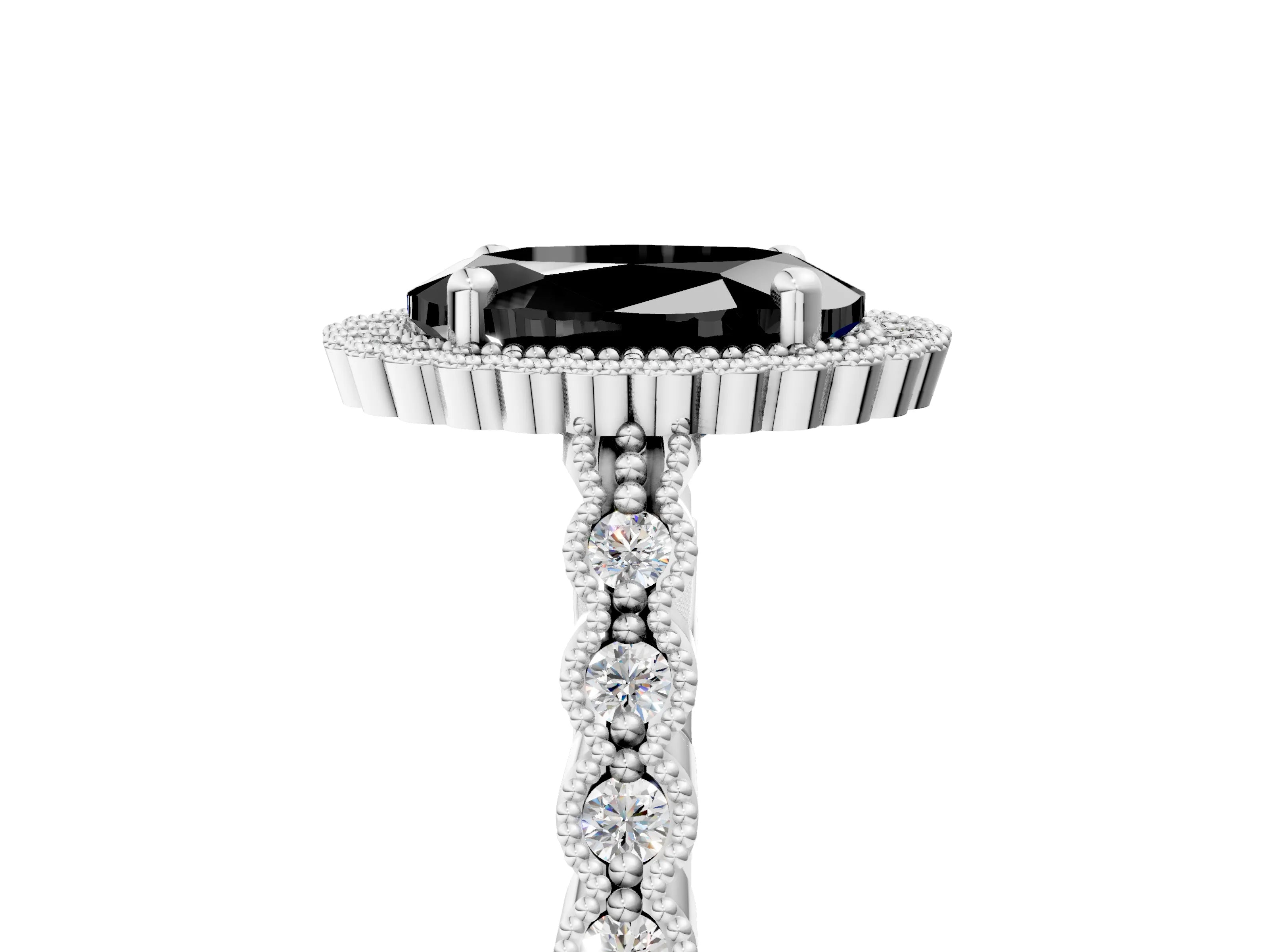 White gold Fancy Black Oval Cut Cut Halo Pavé Solitaire Ring with Milgrain Band_5