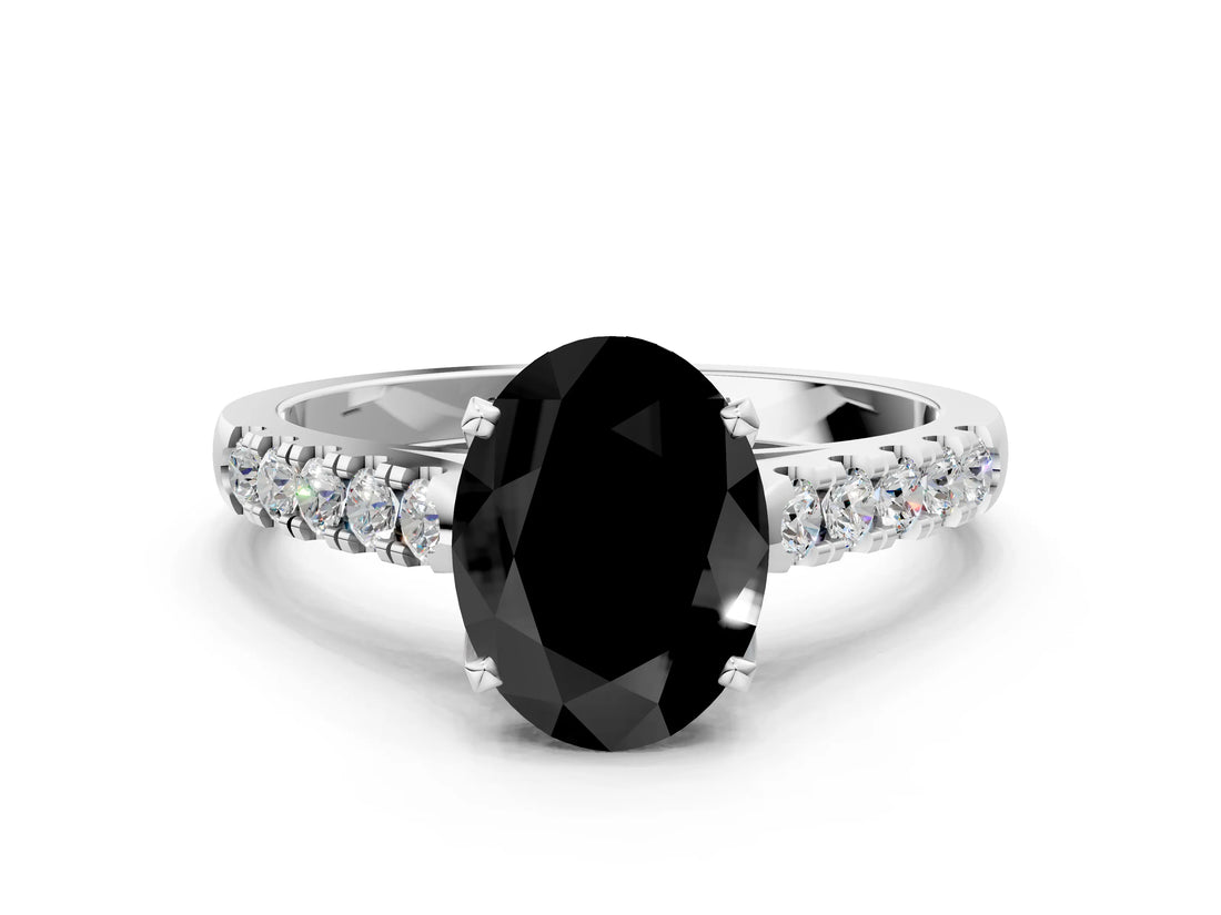 White gold Fancy Black Oval Cut Cut Pavé Band Solitaire Ring with Four-Prong Setting