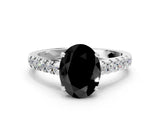 White gold Fancy Black Oval Cut Cut Pavé Band Solitaire Ring with Four-Prong Setting