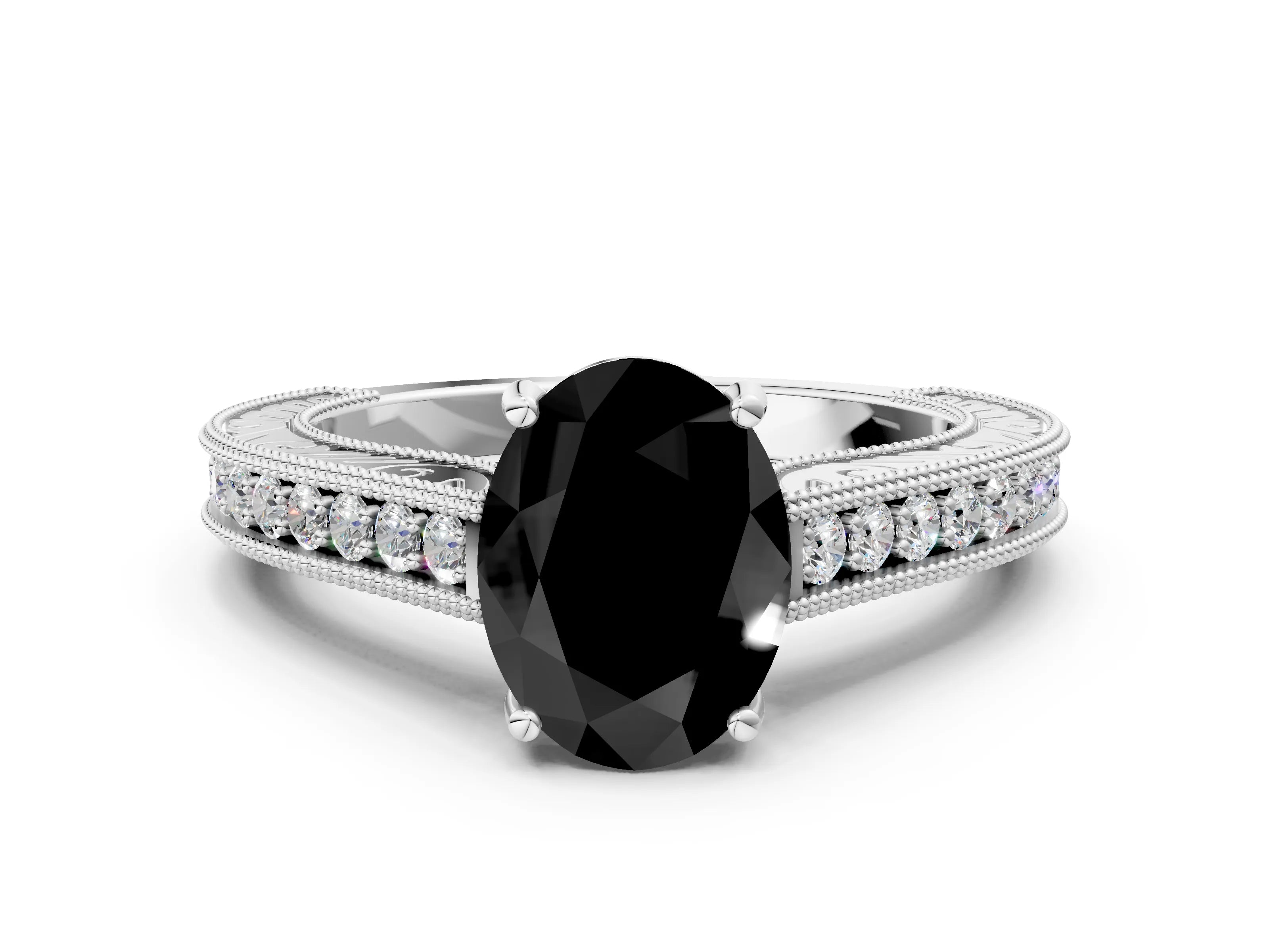 White gold Fancy Black Oval Cut Cut Pave Band Milgrain Solitaire Ring