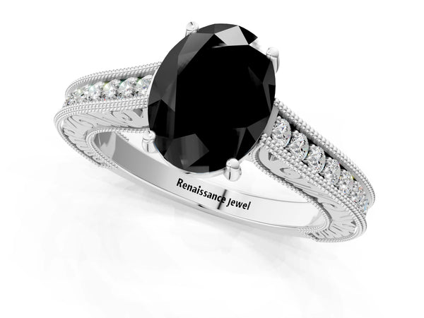 Platinum Oval Vintage Solitaire Engagement Ring Setting for Black Center with Milgrain Pave Band