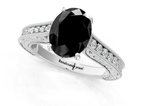 White gold Fancy Black Oval Cut Cut Pave Band Milgrain Solitaire Ring_1