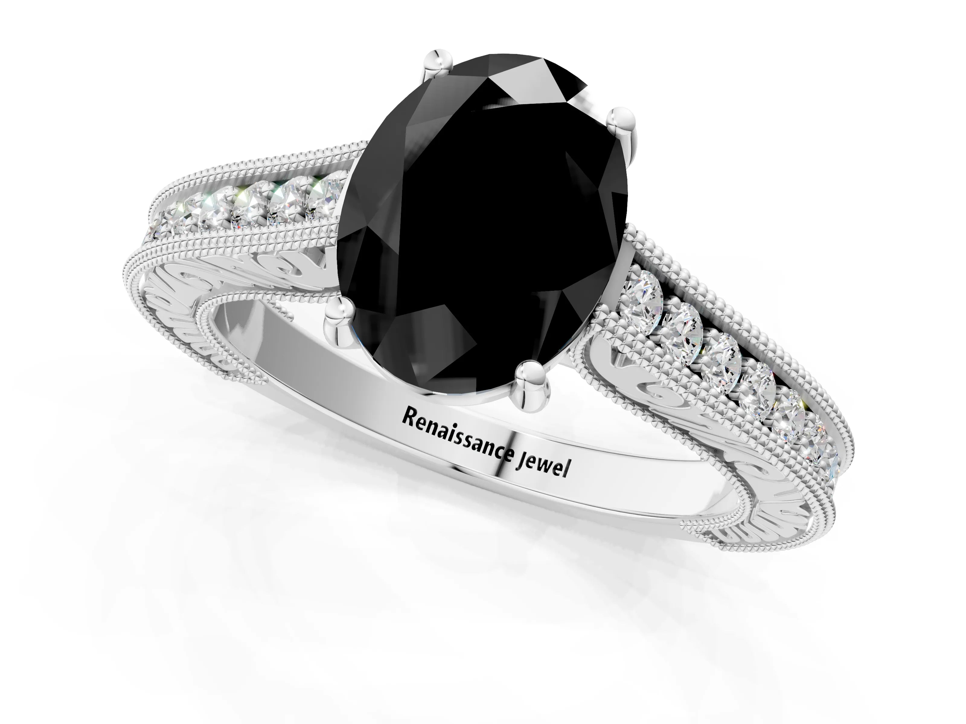 White gold Fancy Black Oval Cut Cut Pave Band Milgrain Solitaire Ring_1