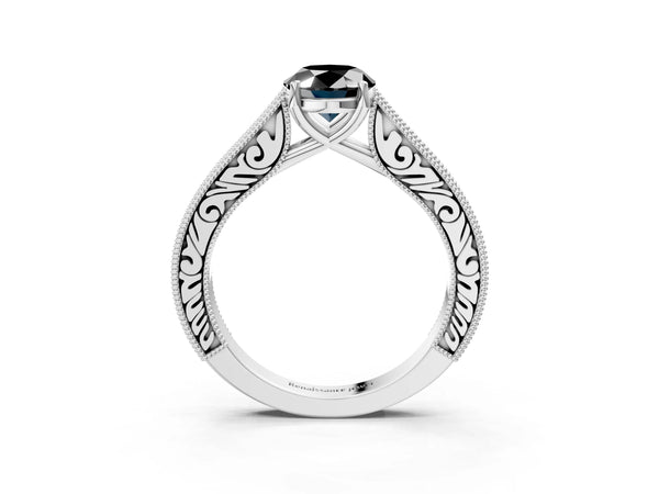 Platinum Oval Vintage Solitaire Engagement Ring Setting for Black Center with Milgrain Pave Band