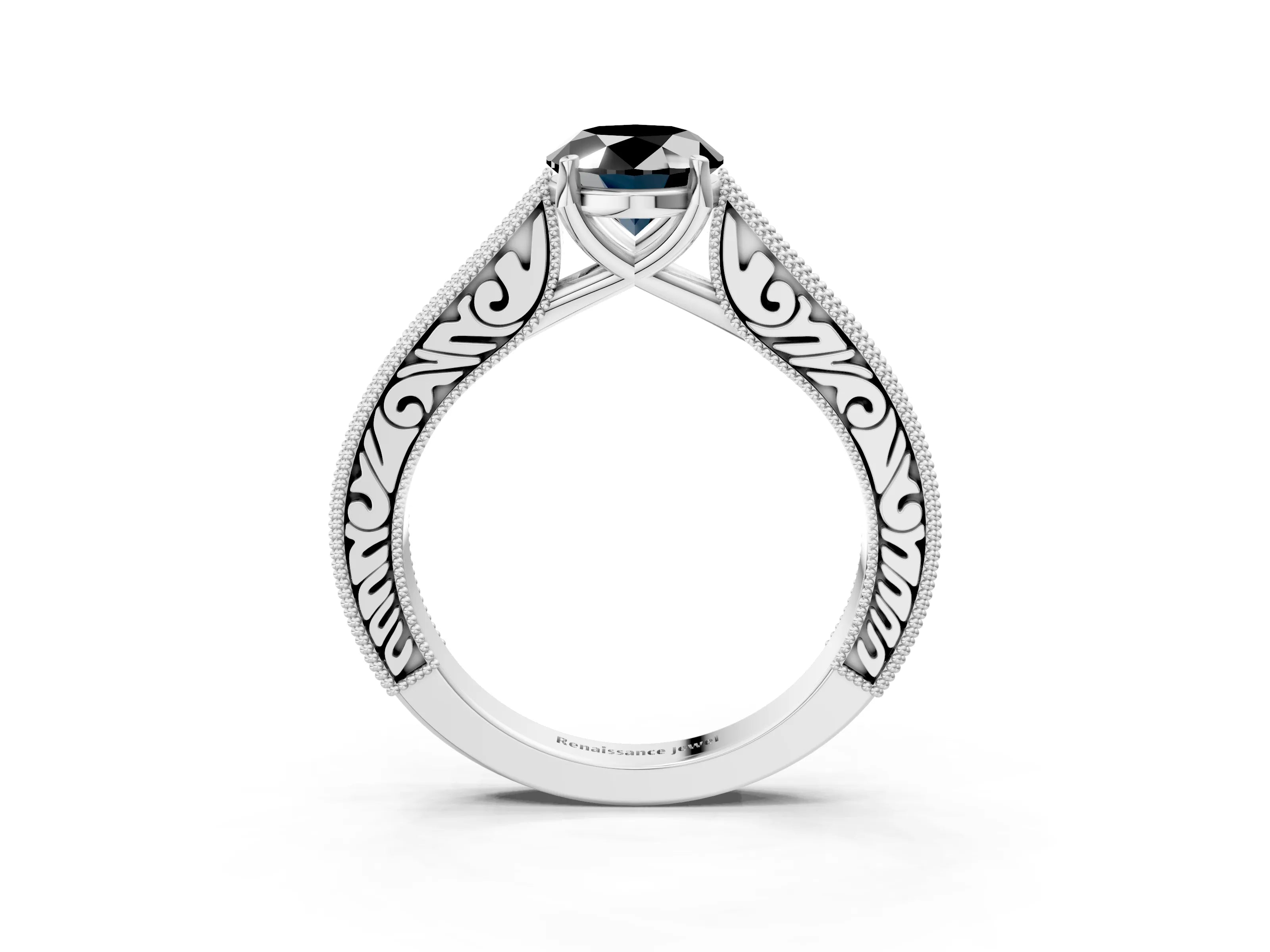 White gold Fancy Black Oval Cut Cut Pave Band Milgrain Solitaire Ring_3