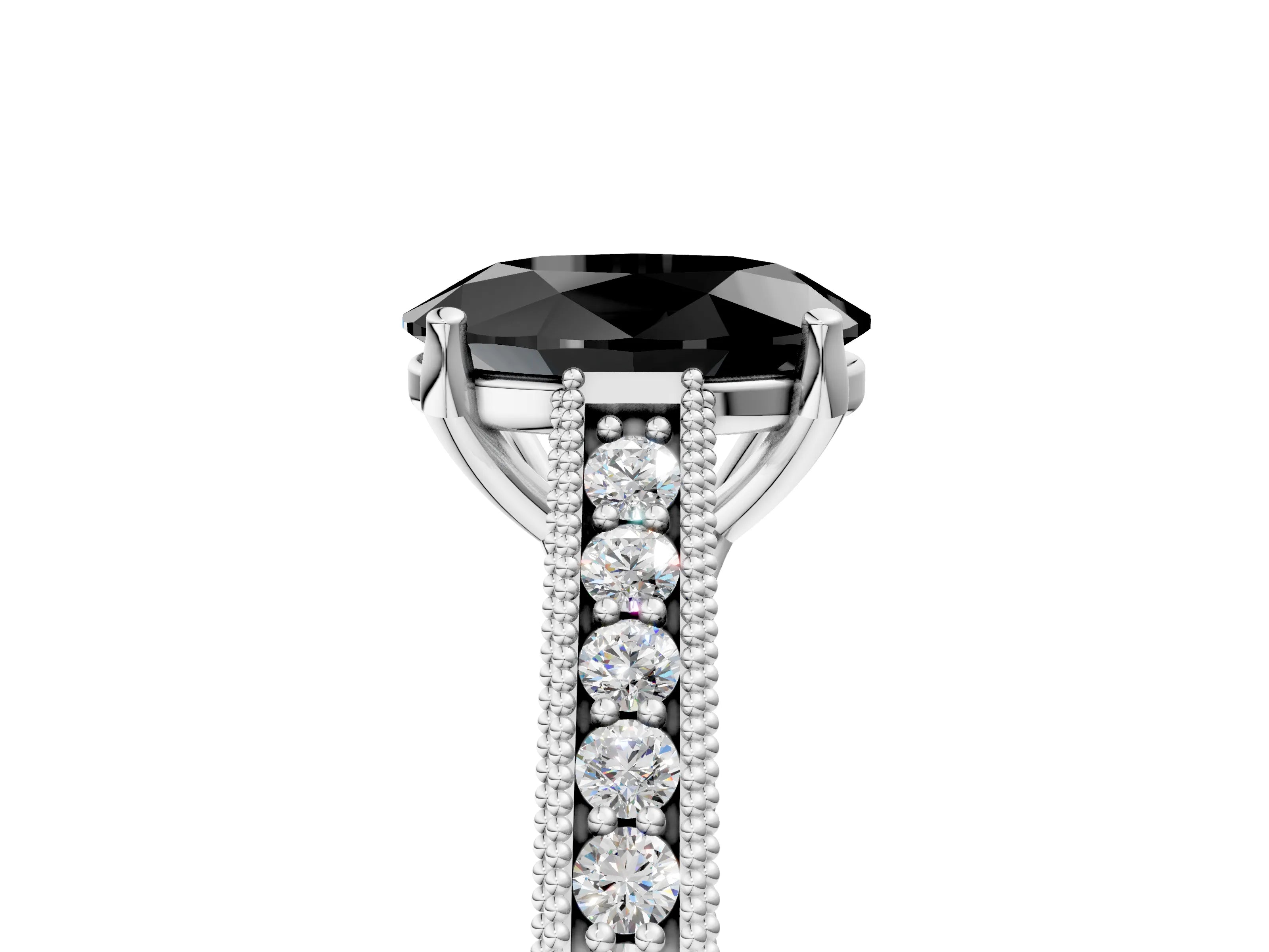 White gold Fancy Black Oval Cut Cut Pave Band Milgrain Solitaire Ring_5