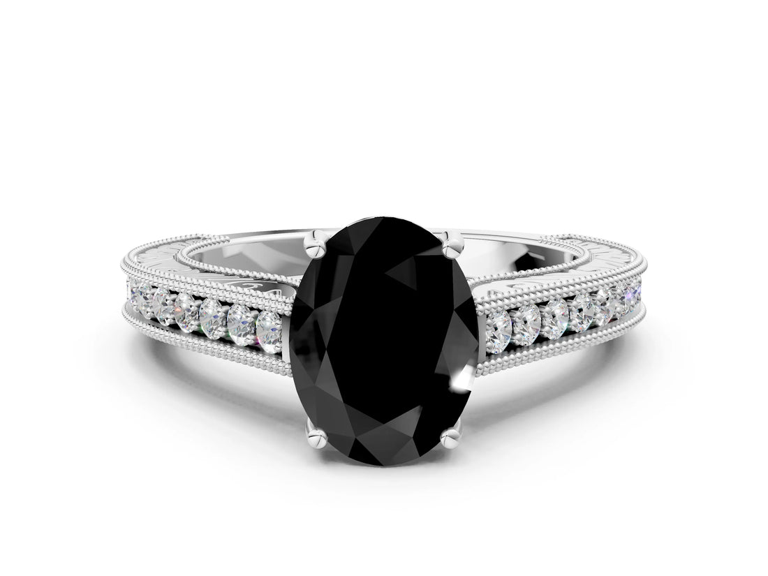 White gold Fancy Black Oval Cut Cut Pave Band Milgrain Solitaire Ring