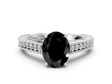 White gold Fancy Black Oval Cut Cut Pave Band Milgrain Solitaire Ring
