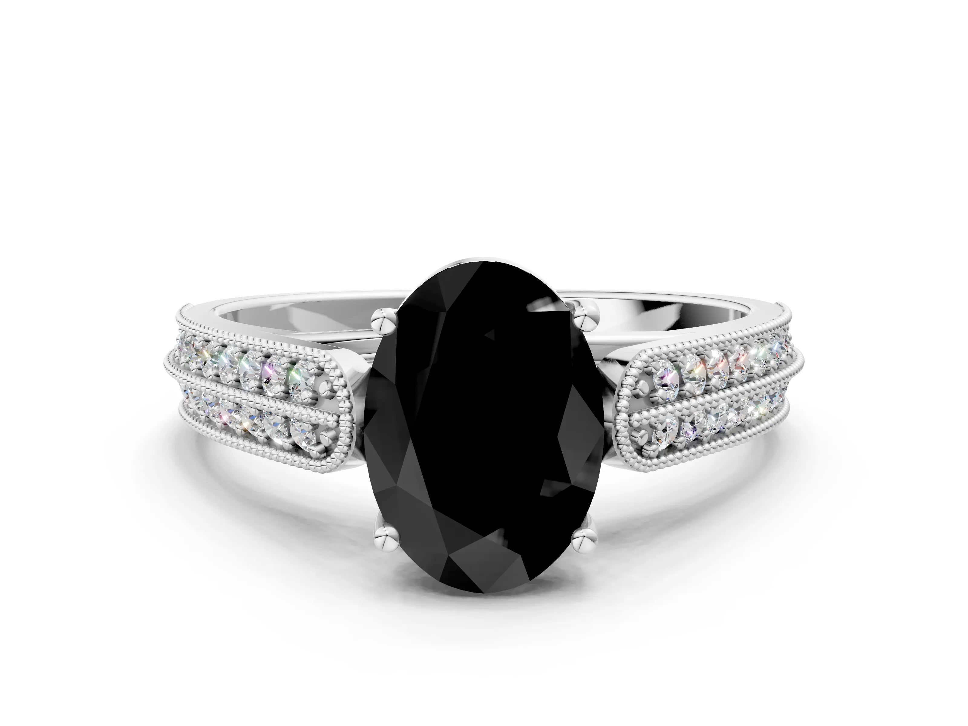White gold Fancy Black Oval Cut Cut Pave Split Shank Engagement Ring with Four-Prong Setting_12