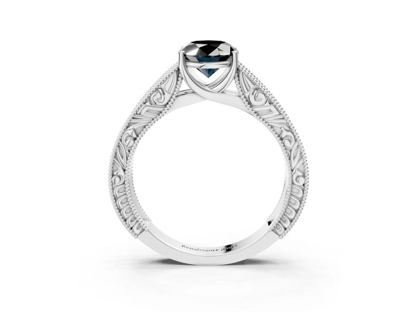 Platinum Oval Vintage Engraved Solitaire Engagement Ring Setting for Black Center