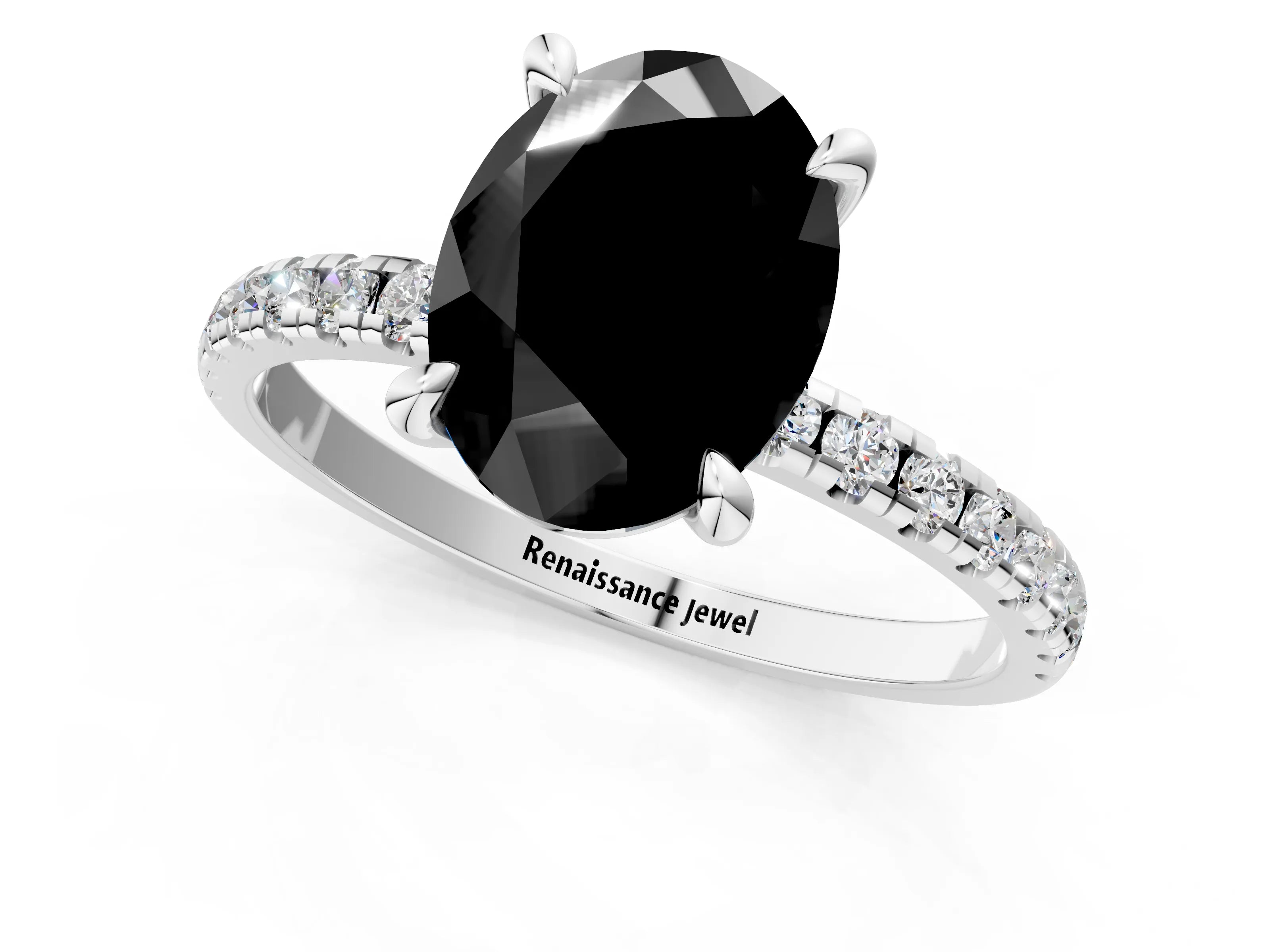 White gold Fancy Black Oval Cut Diamond Brilliant Solitaire Ring with Pavé Band and Four-Prong Setting_1