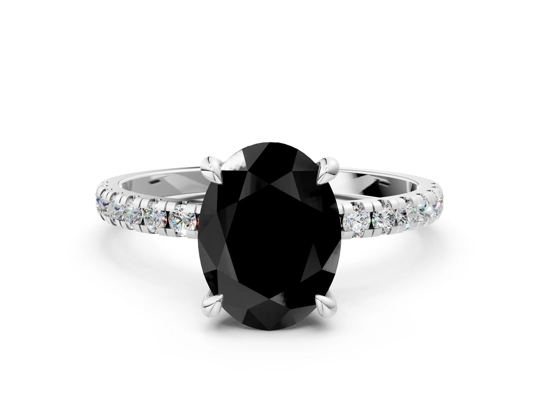 White gold Fancy Black Oval Cut Diamond Brilliant Solitaire Ring with Pavé Band and Four-Prong Setting_12