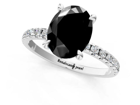 White gold Fancy Black Oval Cut Diamond Brilliant Solitaire Ring with Pavé Band and Four-Prong Setting_1