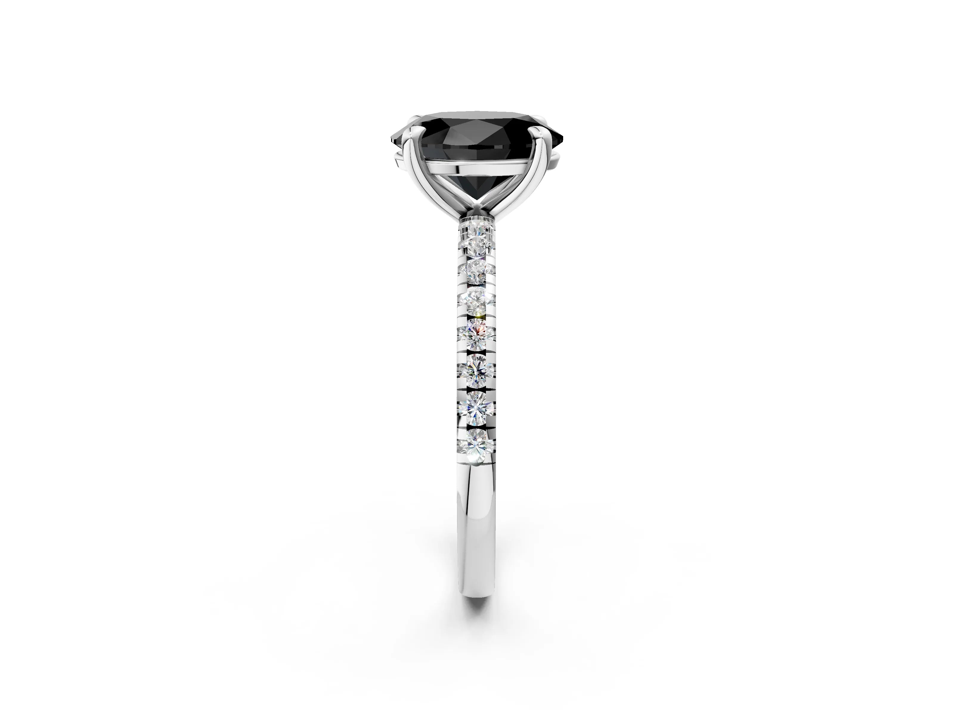 White gold Fancy Black Oval Cut Diamond Brilliant Solitaire Ring with Pavé Band and Four-Prong Setting_2
