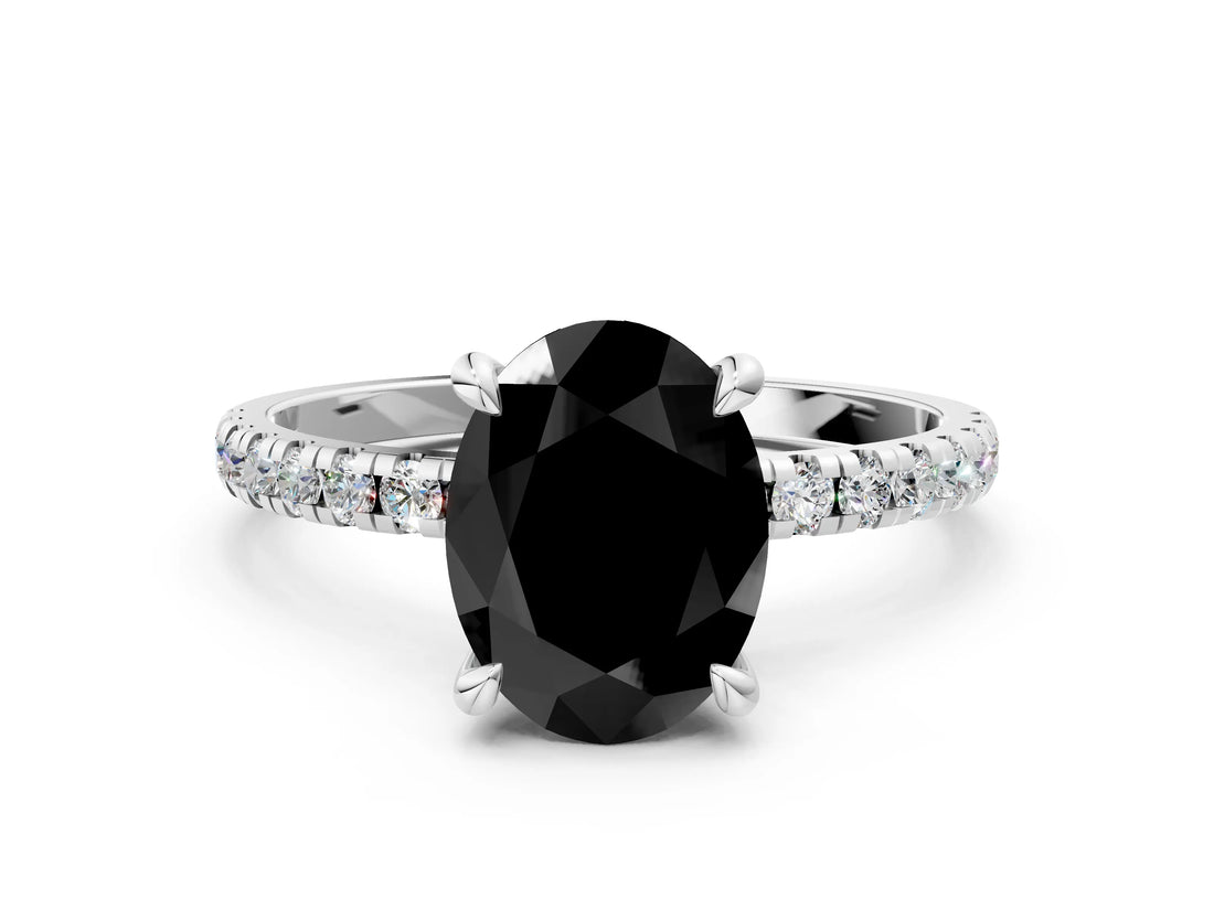 White gold Fancy Black Oval Cut Diamond Brilliant Solitaire Ring with Pavé Band and Four-Prong Setting_24