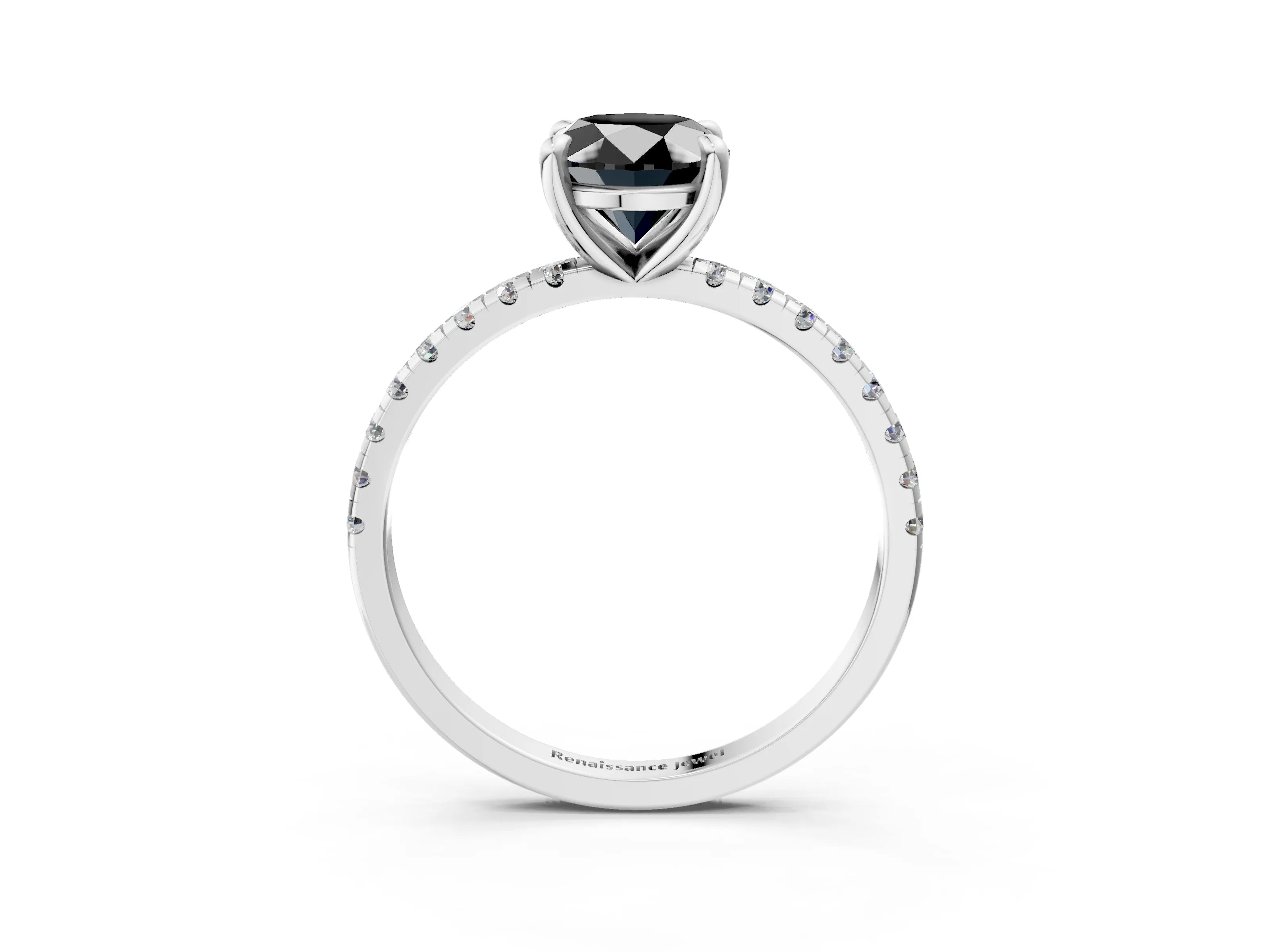 White gold Fancy Black Oval Cut Diamond Brilliant Solitaire Ring with Pavé Band and Four-Prong Setting_3