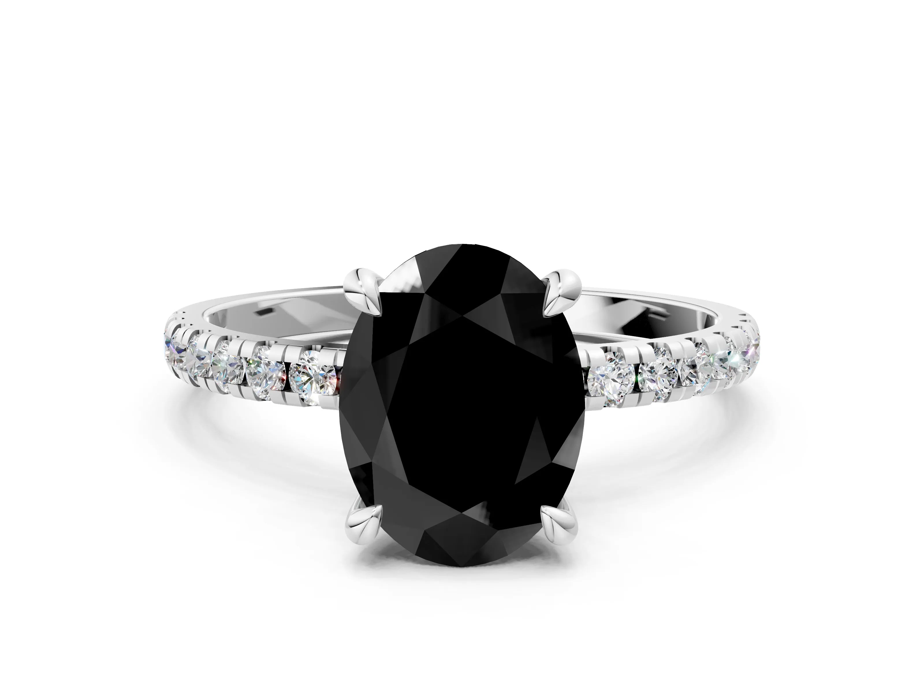 White gold Fancy Black Oval Cut Diamond Brilliant Solitaire Ring with Pavé Band and Four-Prong Setting