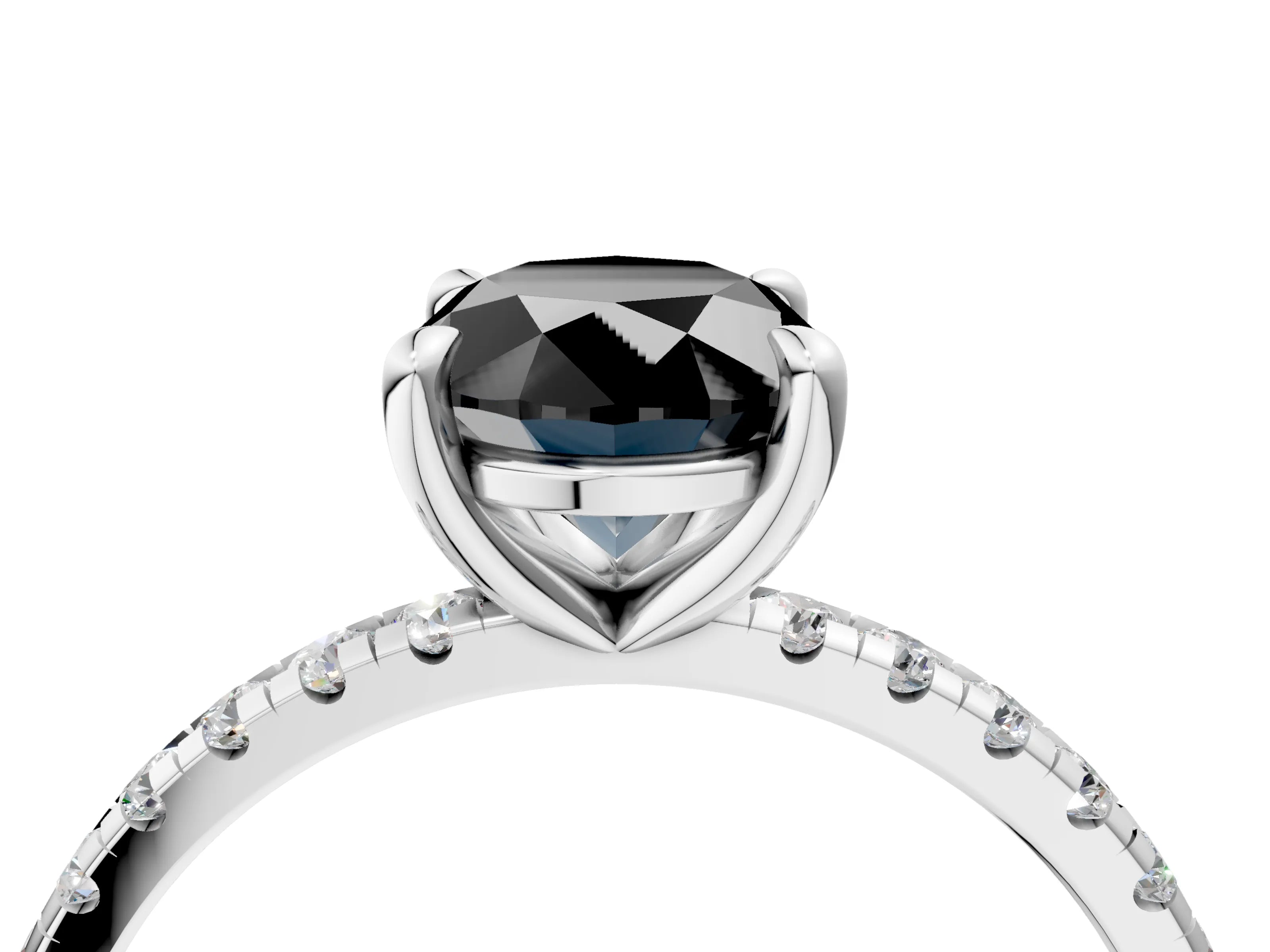 White gold Fancy Black Oval Cut Diamond Brilliant Solitaire Ring with Pavé Band and Four-Prong Setting_4