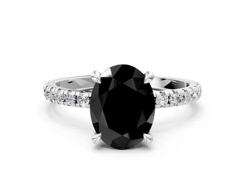 White gold Fancy Black Oval Cut Diamond Brilliant Solitaire Ring with Pavé Band and Four-Prong Setting