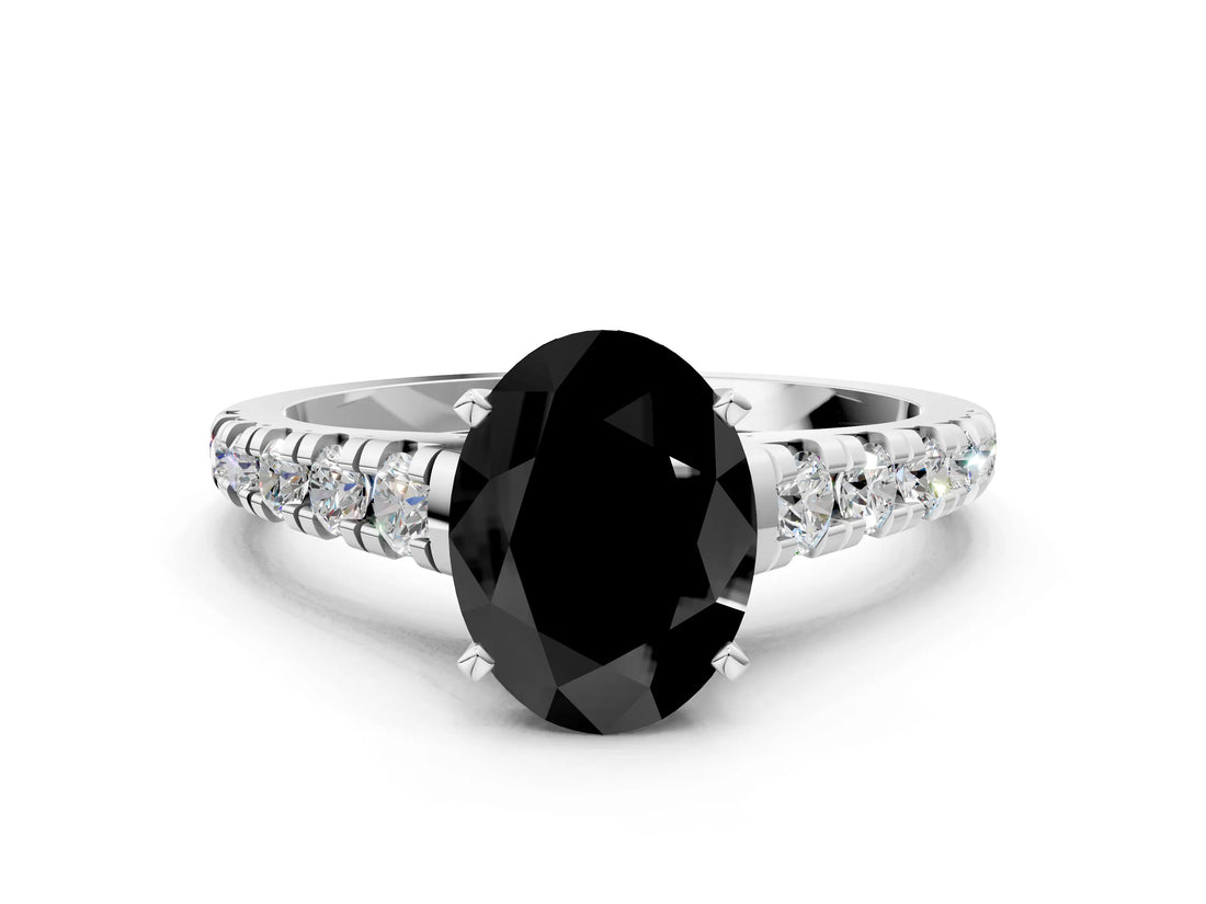 White gold Fancy Black Oval Cut Diamond Cathedral Solitaire Ring with Round  Pavé Band_42