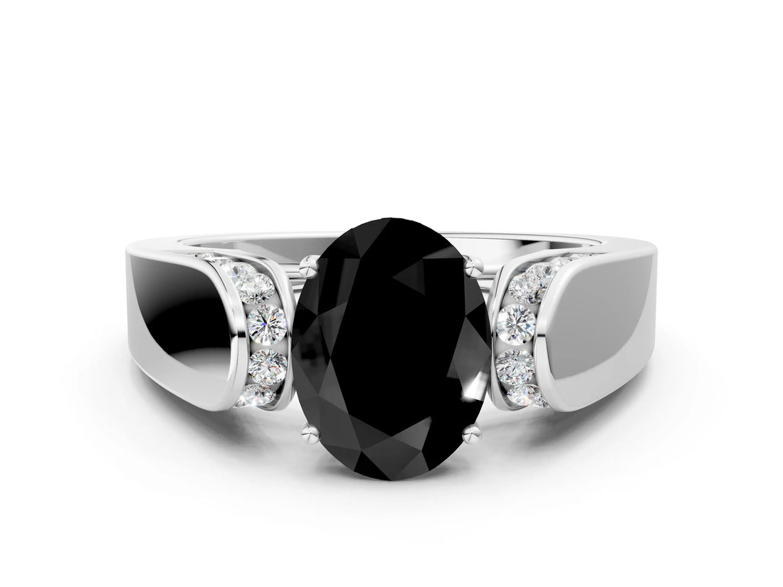 White gold Fancy Black Oval Cut Diamond Channel Set Solitaire Ring with Four-Prong Setting_13