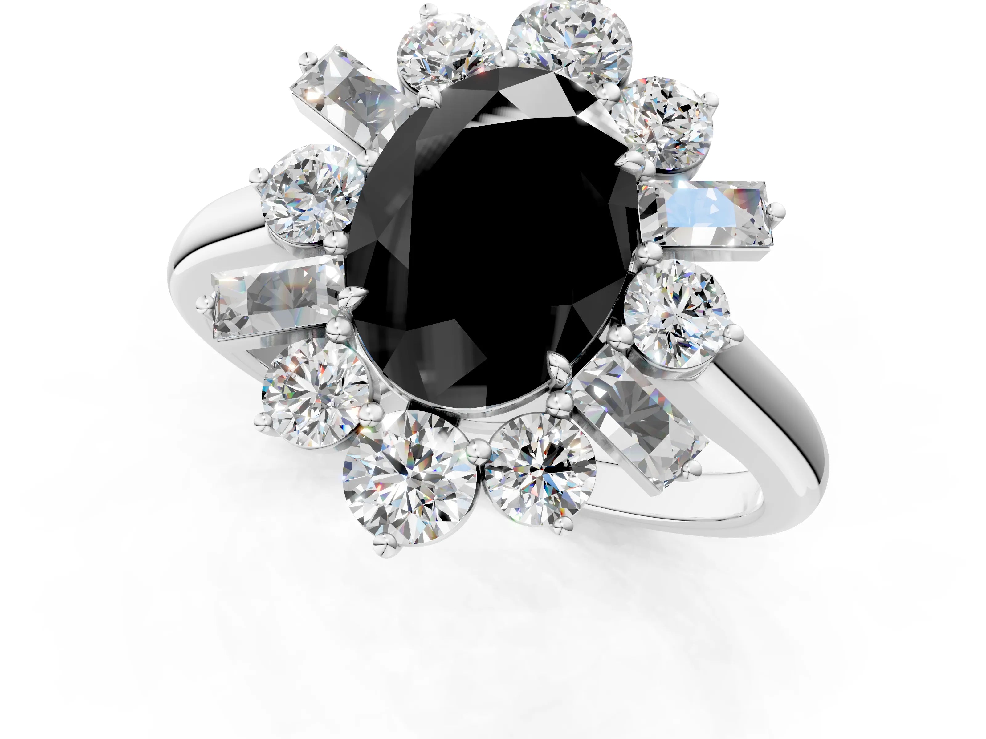 White gold Fancy Black Oval Cut Diamond Cluster Ring with Round and Baguette Stones, Split Shank Band, Prong Setting_1
