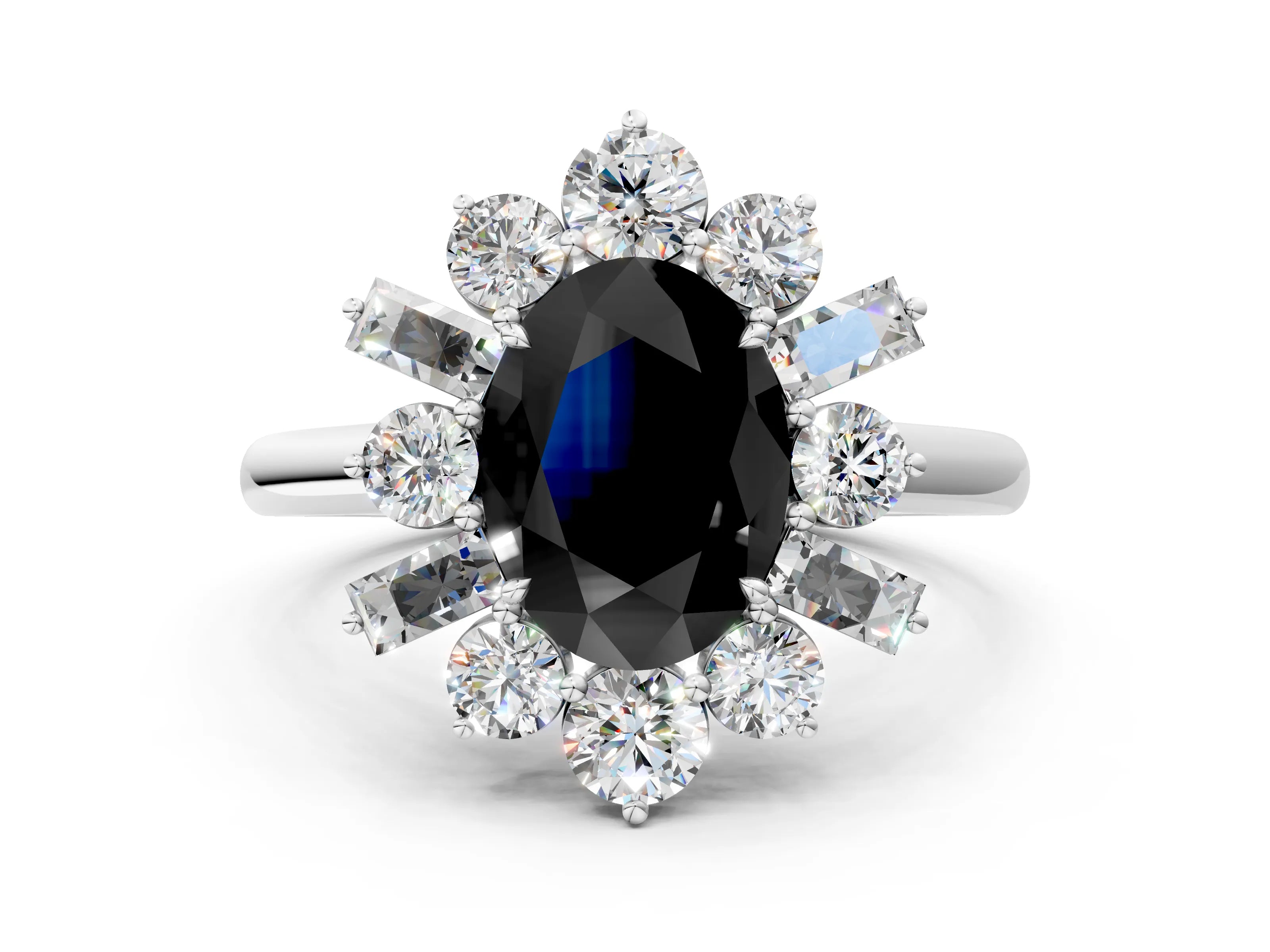 White gold Fancy Black Oval Cut Diamond Cluster Ring with Round and Baguette Stones, Split Shank Band, Prong Setting_12