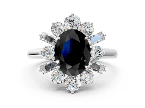 White gold Fancy Black Oval Cut Diamond Cluster Ring with Round and Baguette Stones, Split Shank Band, Prong Setting_12
