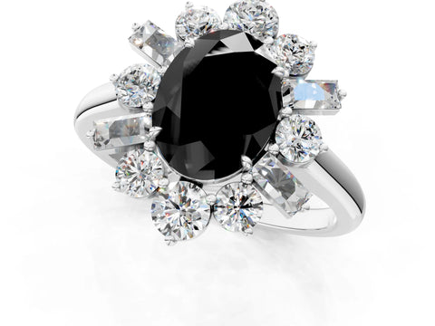 White gold Fancy Black Oval Cut Diamond Cluster Ring with Round and Baguette Stones, Split Shank Band, Prong Setting_13