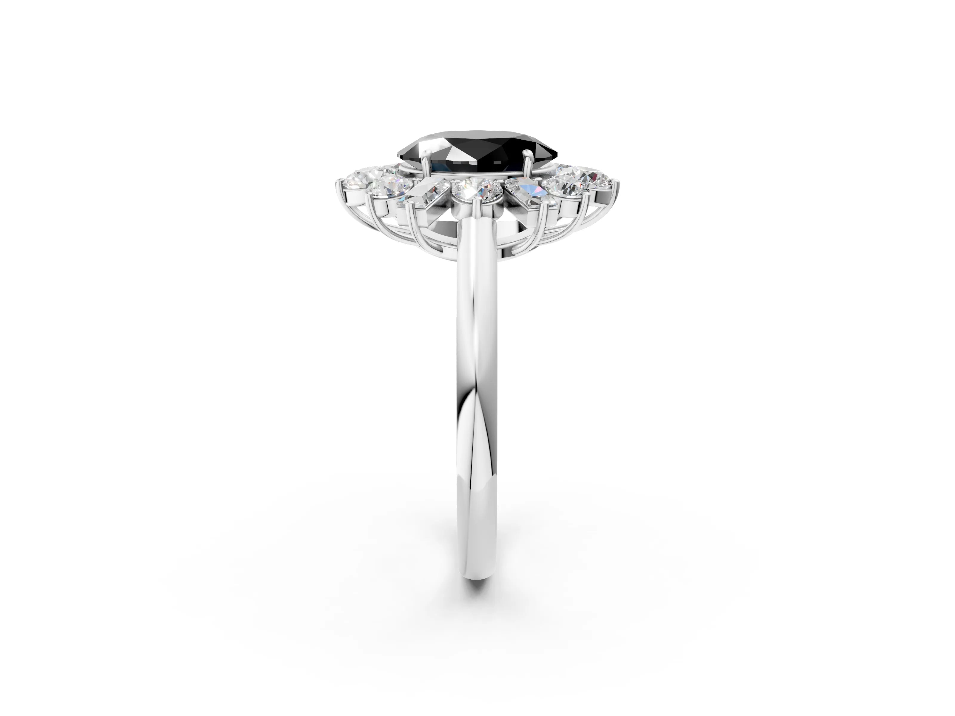 White gold Fancy Black Oval Cut Diamond Cluster Ring with Round and Baguette Stones, Split Shank Band, Prong Setting_14
