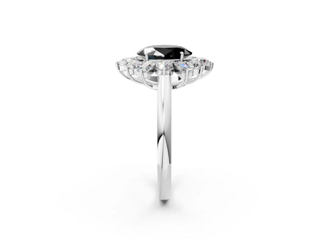 White gold Fancy Black Oval Cut Diamond Cluster Ring with Round and Baguette Stones, Split Shank Band, Prong Setting_14