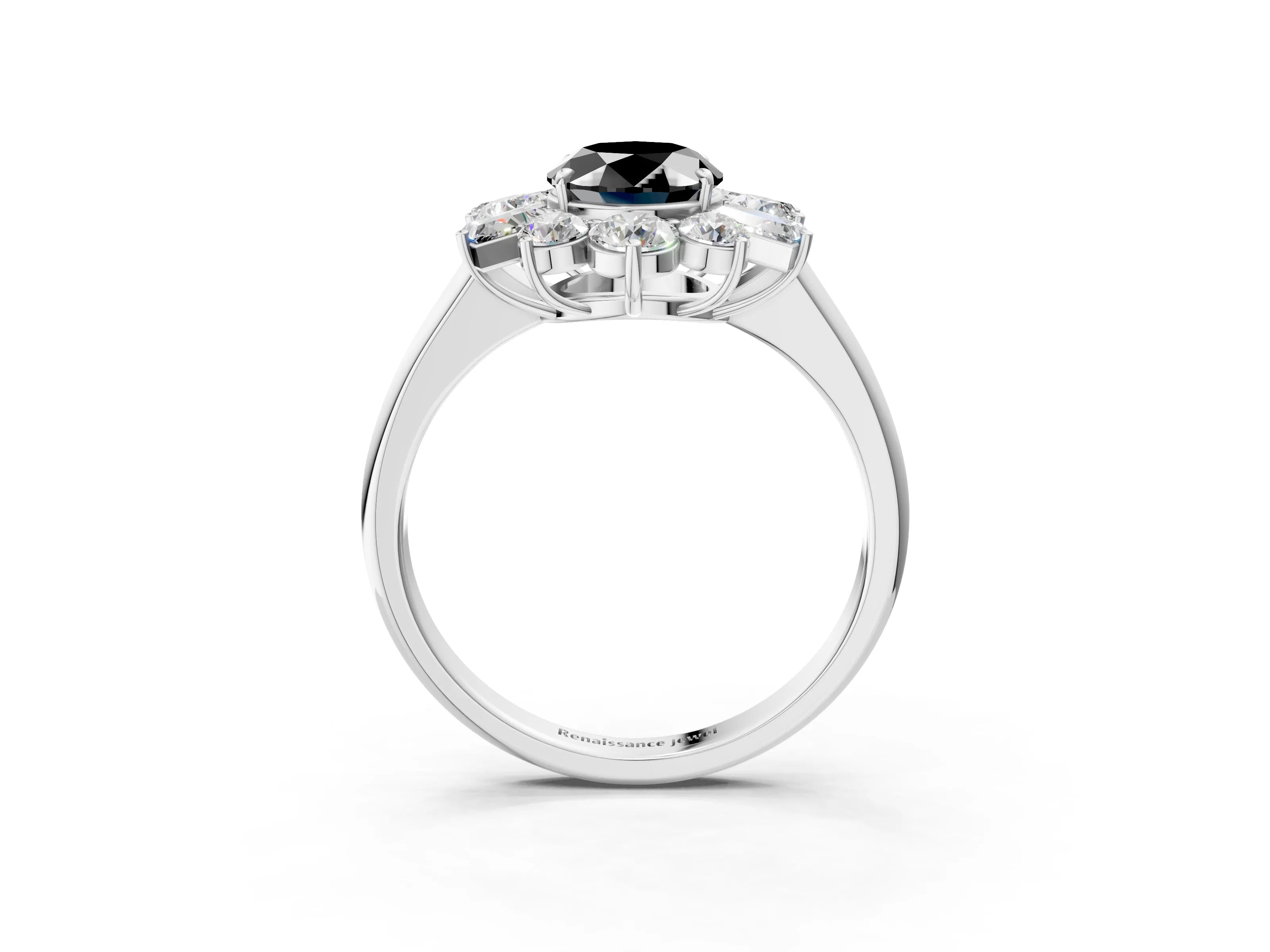 White gold Fancy Black Oval Cut Diamond Cluster Ring with Round and Baguette Stones, Split Shank Band, Prong Setting_15